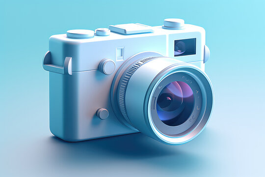 Cute camera ui icon, blue frosted glass plastic style. Simple 3d photo camera on pastel light blue background. Generative AI 3d render illustration imitation.