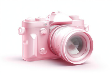 Cute camera ui icon, pink frosted glass plastic style. Simple 3d photo camera isolated on white background. Generative AI 3d rendering illustration imitation.