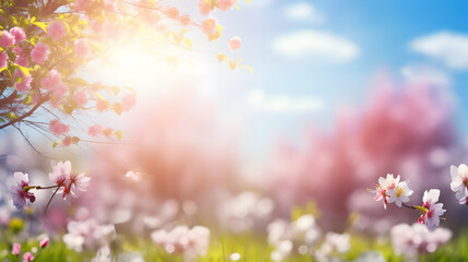 Plakat spring meadow with flowers, spring summer meadow, A frame with soft selective focus., desktop wallpaper