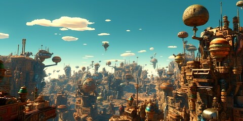 landscape of a futurist city with hot-air balloon (Generative AI)