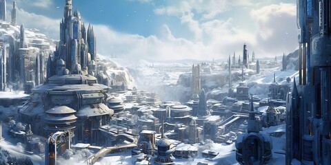 Panorama of the futurist snowy city (Generative AI)