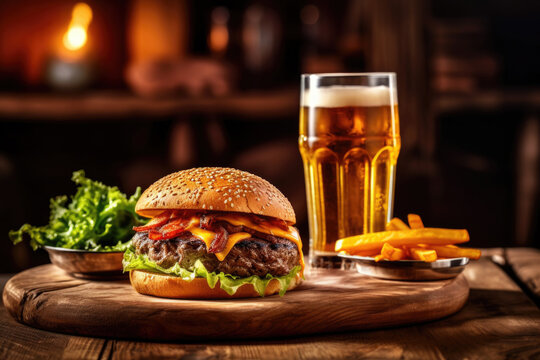 Delicious burger with glass of cold beer in a pub. AI generative