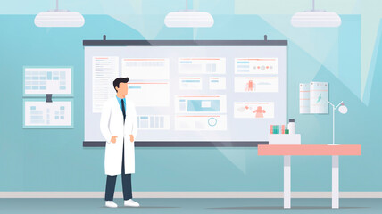 The picture shows a doctor wearing a white lab coat, standing in front of a wall or bulletin board.

