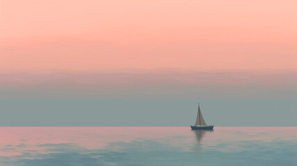 Fototapeta premium Boat at sea, minimalist style, early morning 