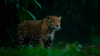 Fototapeta na wymiar A male jaguar in the middle of the Amazon jungle in the pouring rain 