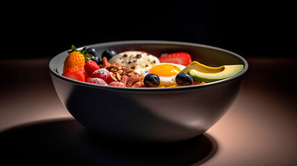 Photo of ketogenic breakfast bowl, professional photo, with adundian lighting
