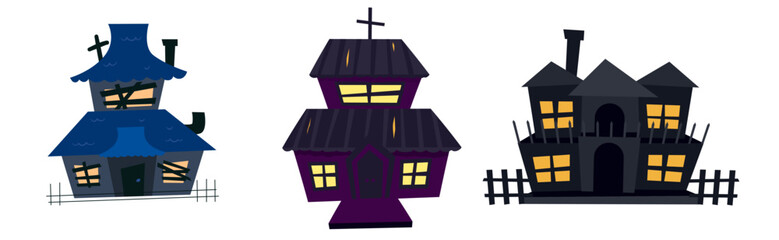 Creepy haunted house set for halloween. A scary castle with windows and a roof. Old dark ruined building for ghosts. Flat vector illustration