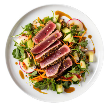 Delicious Plate of Seared Ahi Salad Isolated on a Transparent Background.