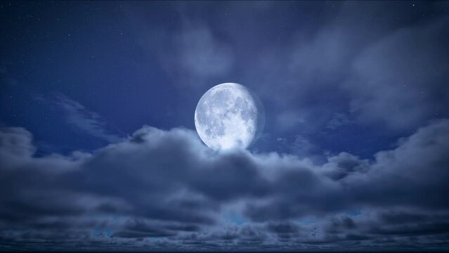 Timelapse of full moon night and starry blue sky with moving clouds. The moon on cloudy sky. Christmas night background. Beautiful cloudscape 4k