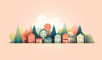  a group of houses in the woods with trees on each side of the house and a sky background with clouds and sun shining on the top of the houses.  generative ai