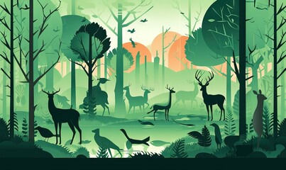  a group of deer in a forest with trees and bushes in the foreground, and a sunset in the background, with the sun shining through the trees.  generative ai