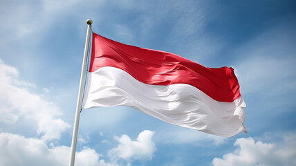 red and white Indonesian flag waving at the blue sky generative ai