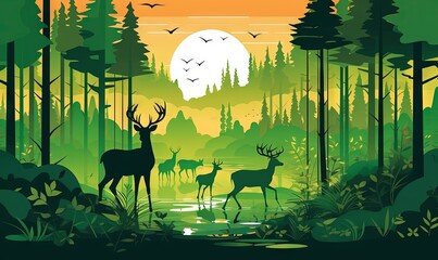  a painting of two deer in a forest at sunset with a bird flying over the trees and the sun in the distance behind the trees.  generative ai