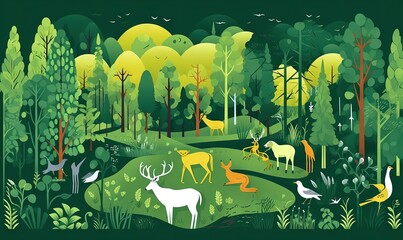  a painting of a forest with deer and birds in it's natural habitat, with trees, grass, and birds in the background.  generative ai
