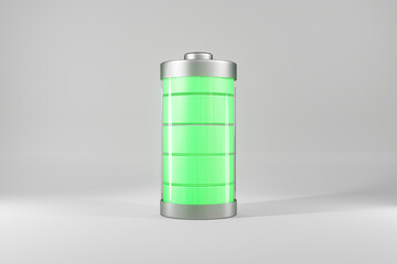 3D render of battery with green charging level indicator on white studio background. illustration 3d of power source charging concept.
