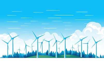  a group of windmills in a field with trees in the background and a blue sky with clouds in the foreground with a few white clouds in the foreground.  generative ai