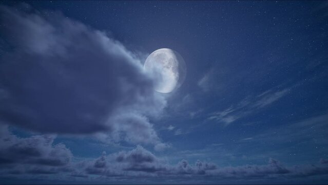Timelapse of full moon night and starry blue sky with moving clouds. The moon on cloudy sky. Christmas night background. Beautiful cloudscape 4k