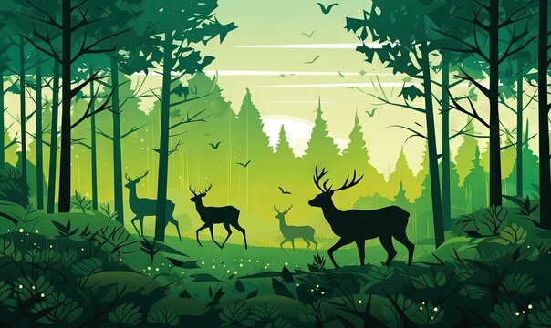  a group of deer in a forest with a sunset in the background and birds in the foreground, and a bird in the foreground.  generative ai