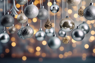 silver and gold christmas balls hanging with defocused lights background