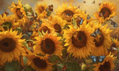  a painting of sunflowers and butterflies in a field of sunflowers with a blue sky in the background and a yellow sky.  generative ai