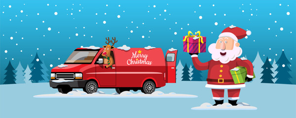 Santa Claus and reindeer drives a motorcycle to deliver Christmas presents to children around the world.