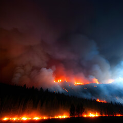 Fototapeta na wymiar Massive forest fire, strong flames, forest fires with a lot of smoke and fire at night. A wildfire, forest fire, bushfire, wildland fire is an uncontrolled and unpredictable fire. generative AI