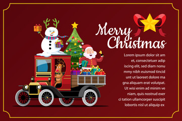 Merry Christmas Vector illustration Retro pickup truck Vintage style with christmas tree.