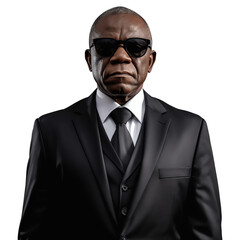 Serious black bodyguard special agent wearing dark glasses and suit isolated - Generative AI - obrazy, fototapety, plakaty