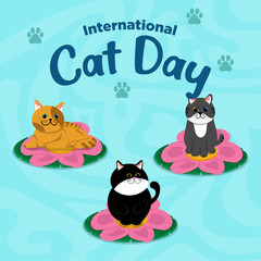 Vector Cute International Cat Day Flat Hand Drawn theme Cat on Lotus Flower Illustration