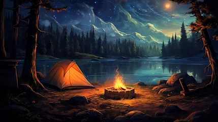 Abwaschbare Fototapete Hand-painted illustration of van Gogh's camping tent under the beautiful starry sky   © 俊后生