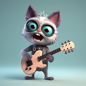 3D illustration. The cartoon cat 3D character is playing guitar while singing. 3D Cartoon Character. generative AI content