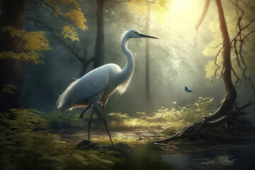 Obraz premium one white crane bird looking on background