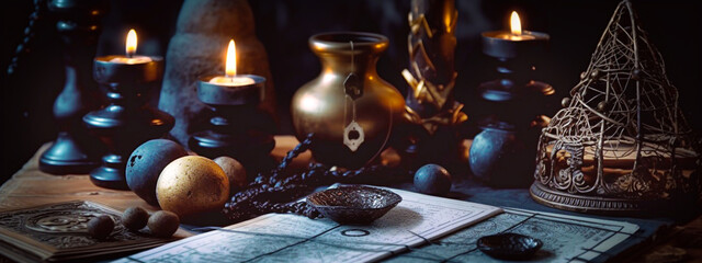 Vintage still life with old book, magic lamp and burning candles. Generative AI