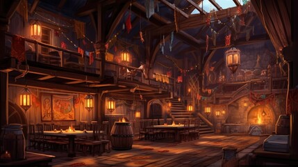 The tavern inn has a cozy medieval fantasy theme for adventurers. (Illustration, Generative AI) - obrazy, fototapety, plakaty
