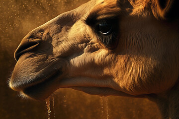 Warm Portrait of a Camel on desert defocused background. Amazing African Wildlife. Generative Ai