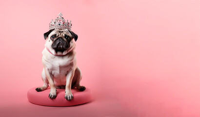 A pug dog in an imperial crown sits on a pink pillow. Pink background. Banner - obrazy, fototapety, plakaty