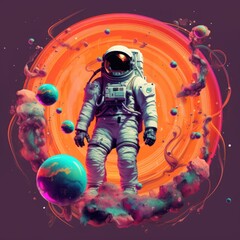 An astronaut in outer space. Colorful illustration, suitable for T-shirts, posters, postcards and books