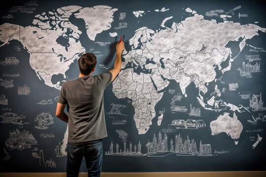 Global Vision: World Map Drawing on Whiteboard, AI generated