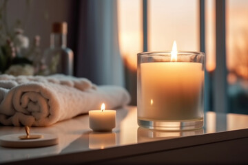 Closeup of scented candles on table with sunset in window. AI generative