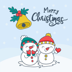 Merry christmas card with lovely snowman with lettering