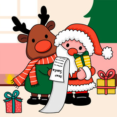 Santa claus and reindeer check list name on christmas day