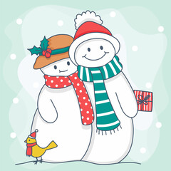 snowman family with present box on merry christmas