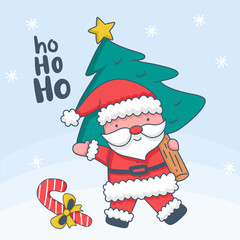 Santa claus carrying pine tree on christmas day