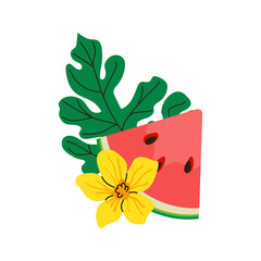 Watermelon slice, green leaf and yellow watermelon flower vector illustration isolated on white background. Summer food element