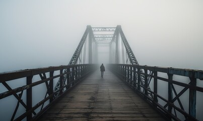  a person walks across a bridge in the foggy weather on a foggy day in the country of new hampshire, united states, on a bridge is a symbol of hope.  generative ai