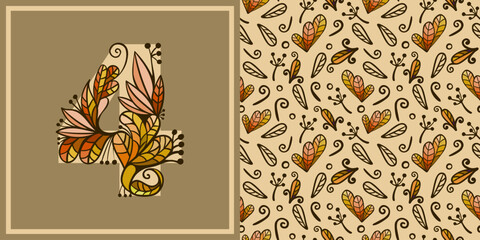 Number arabic 4 (four). Abstract floral background. Vector Illustrate.
