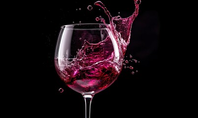Naklejka na ściany i meble a glass of wine with a splash of water on the side of the glass and the wine is in the middle of the glass with a black background. generative ai