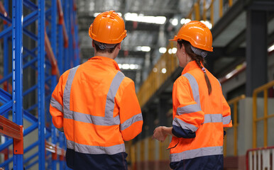 Engineer with orange safety jacket and PPE walk audit in factory and warehouse, back site of Wharehouse leader team walk audit , Industrial engineer discussing work in factory
