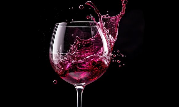  a glass of wine with a splash of water on the side of the glass and the wine is in the middle of the glass with a black background.  generative ai