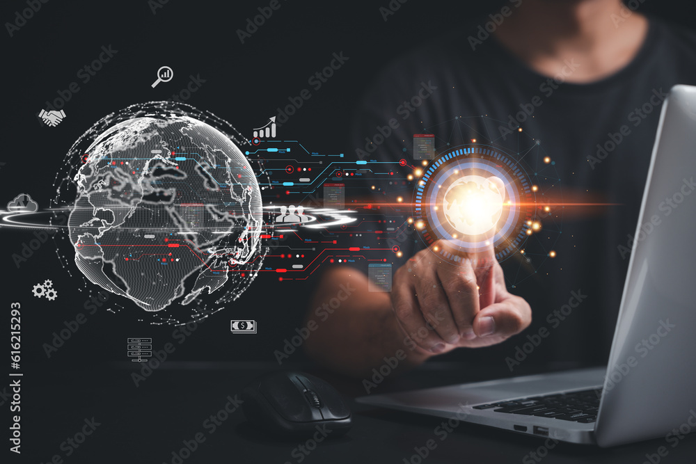 Aufkleber man's hand holding virtual global internet connection in the metaverse. business technology and digi